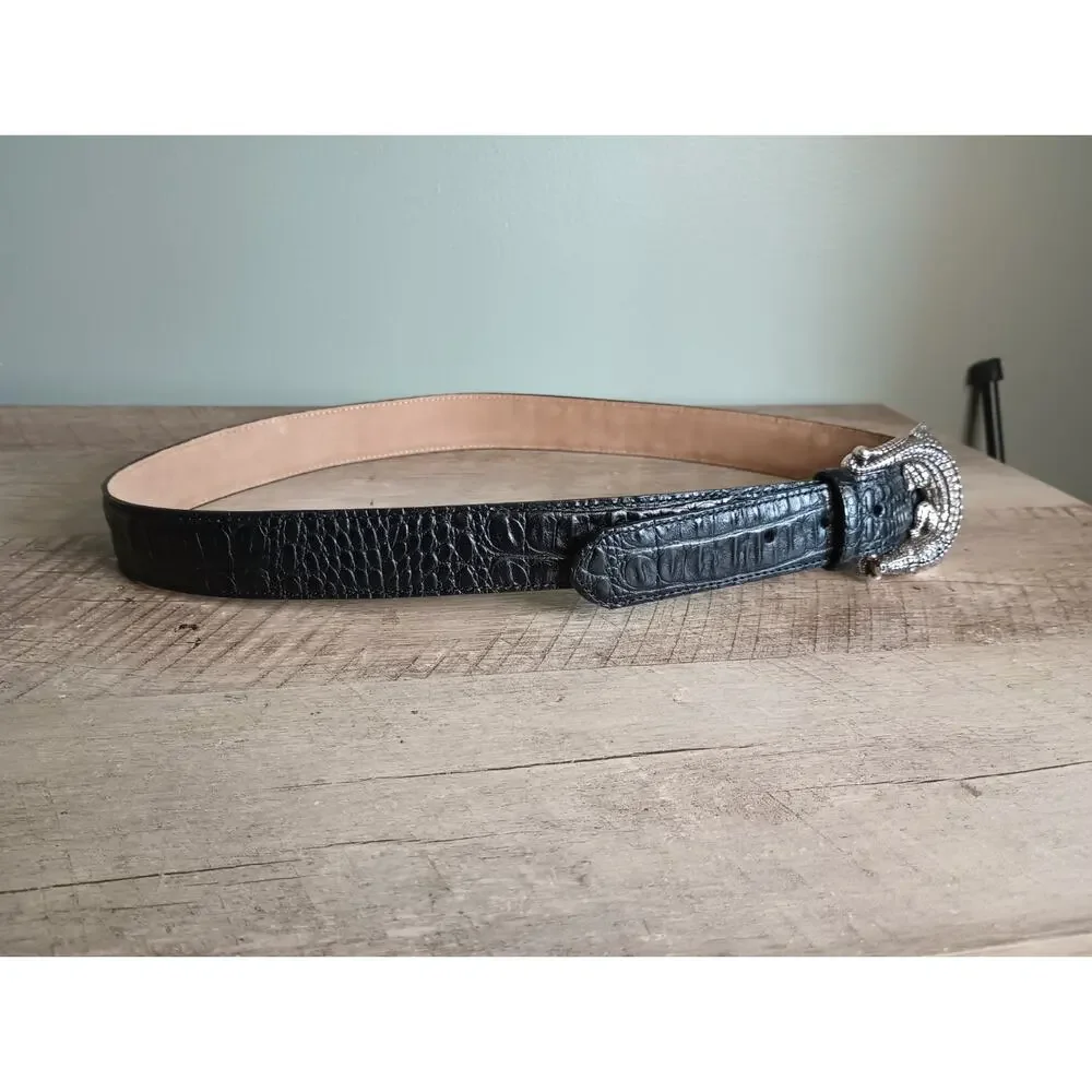 Brighton Womens Alligator Buckle Embossed Leather Belt 36 Luxury Exotic Western